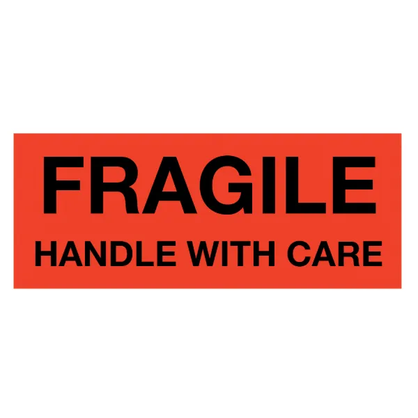 Labels - "Fragile Handle With Care" Black/Neon Red MPL101 2IN x 5IN 500/RL