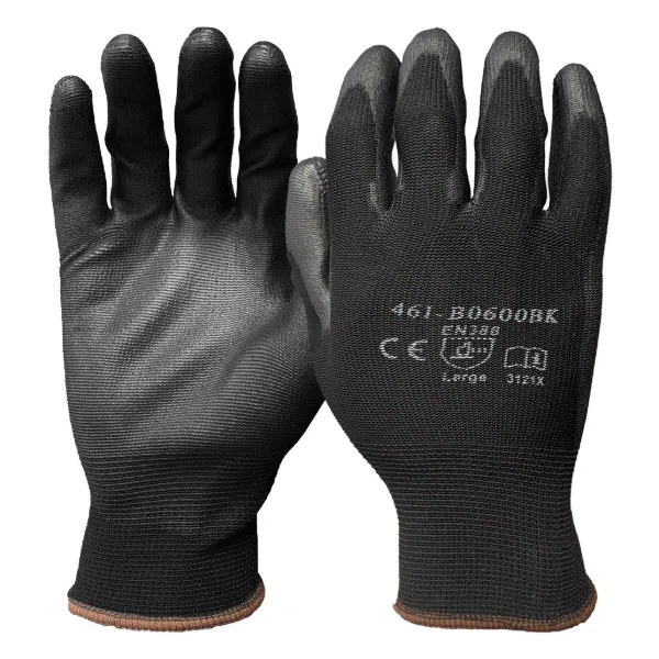 Gloves - Palm Coated Polyurethane Polyester Liner Black on Black 46I-B0600BK Large 12PR/PK
