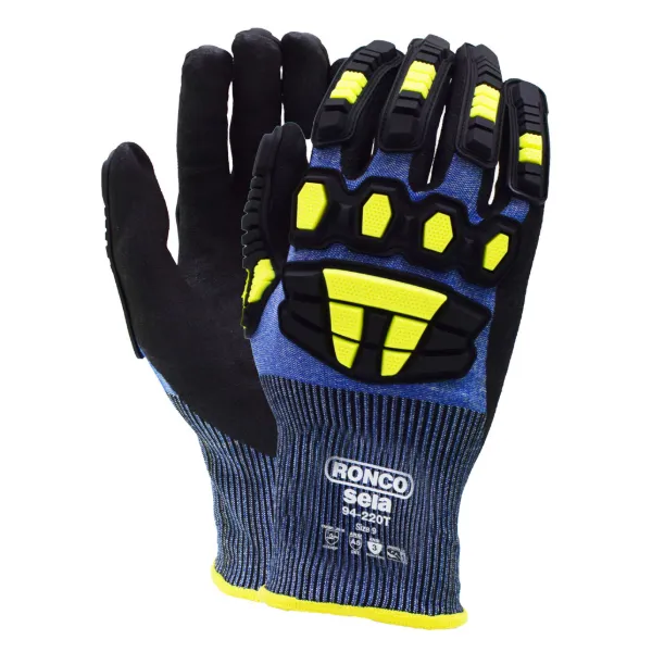 Gloves - Sela™ Cut Resistant ANSI A5 Blue/Black/Hi-Viz Yellow 94-220T Large Size 9 1/PR 6/PKG